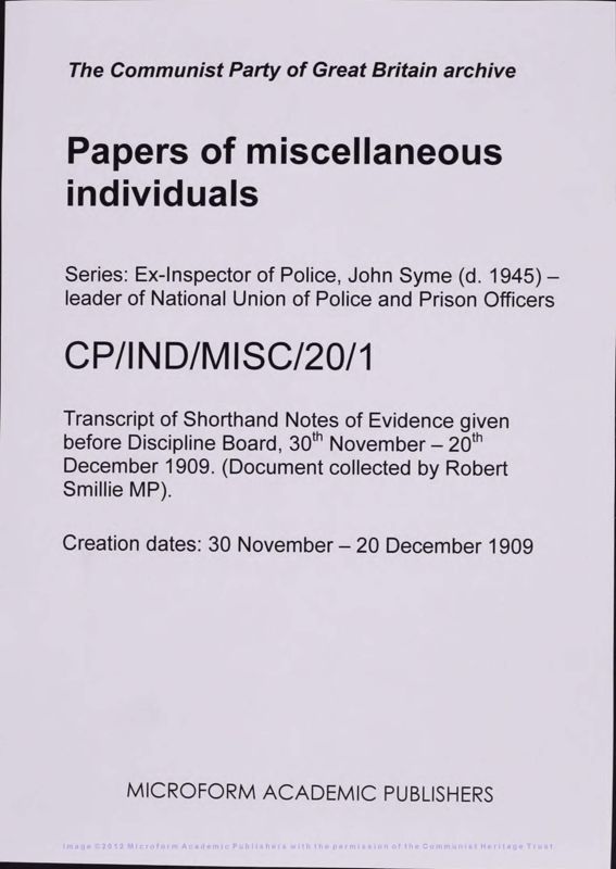 View document: Material on Syme's dismissal from the Metropolitan Police, 1909-1910.