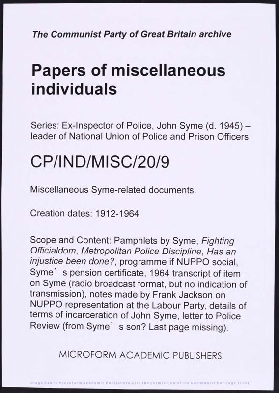 View document: Miscellaneous papers on John Symes, 1924-1964.
