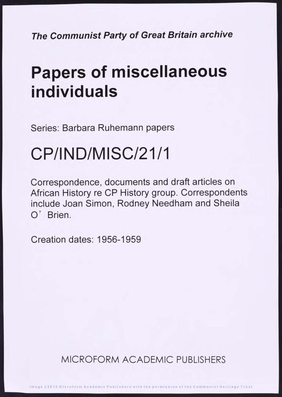 View document: Barbara Ruhemann and the CPGB’s History Group, 1956-1959.