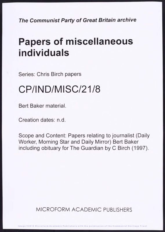 View document: Chris Birch's papers on Bert Baker, 1984-1997.