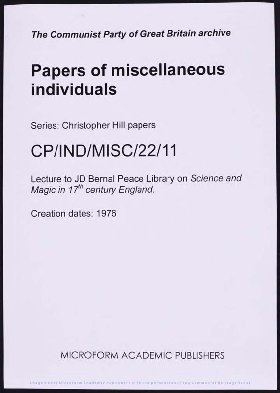 View document: Christopher Hill’s lecture on ‘Science and Magic in Seventeenth Century England’, 1976.