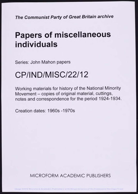 View document: John Mahon and the history of the National Minority Movement, 1924-1970.