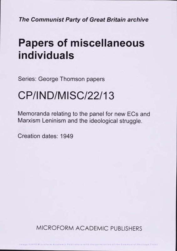 View document: George Thomson on the post-war politics of Marxist-Leninism, 1949.