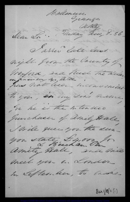 View document: Letters concerning purchase of Amity Hall Estate.