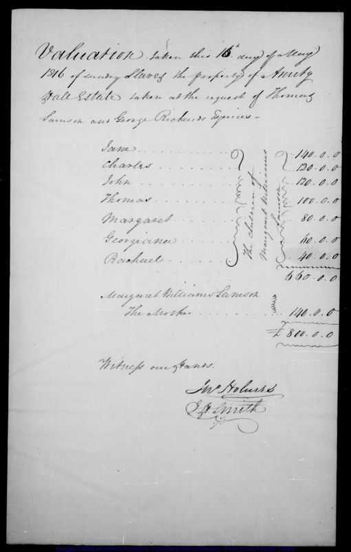 View document: Valuation relating to Margaret Williams Samson (1816, 1818).
