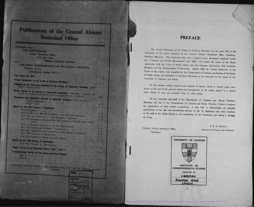 View document: Southern Rhodesia Statements on Trade and Shipping 1947.