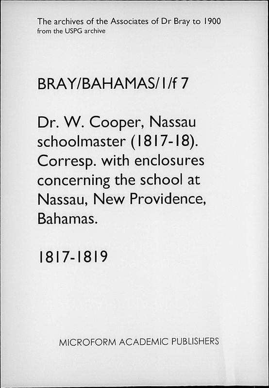 View document: From Dr. W. Cooper concerning the school at Nassau. 1817-1819..