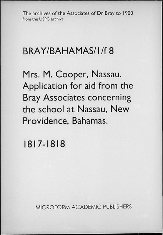 View document: From Mrs. M. Cooper concerning the school at Nassau. 1817-1818..