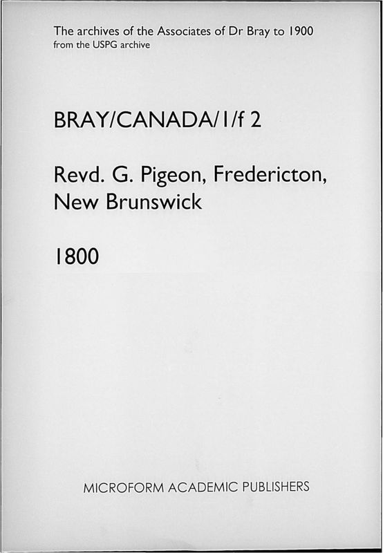 View document: Rev. G. Pigeon, Fredericton, New Brunswick. 1800..