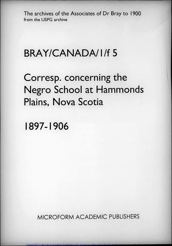 View document: Correspondence concerning the School at Hammonds Plains, Nova Scotia. 1897-1906..