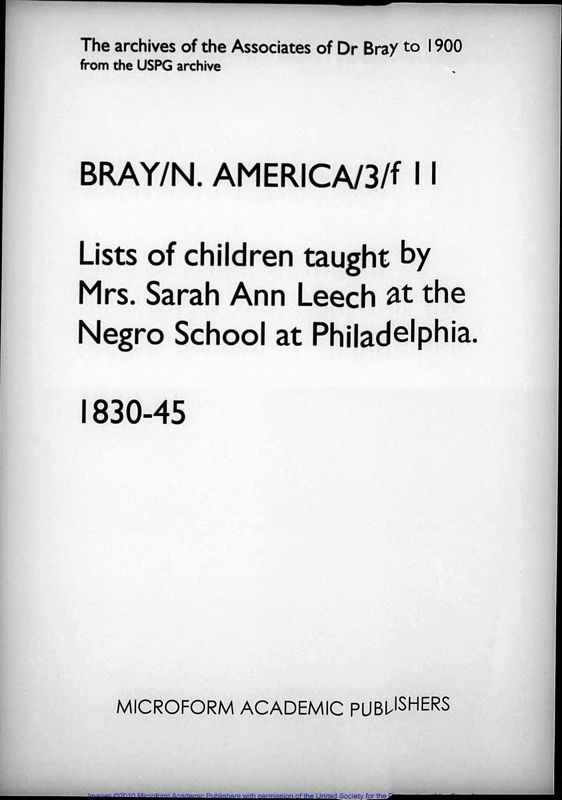 View document: Children taught by Mrs. Sarah Ann Leech at the Negro School at Philadelphia. 1830-1845..