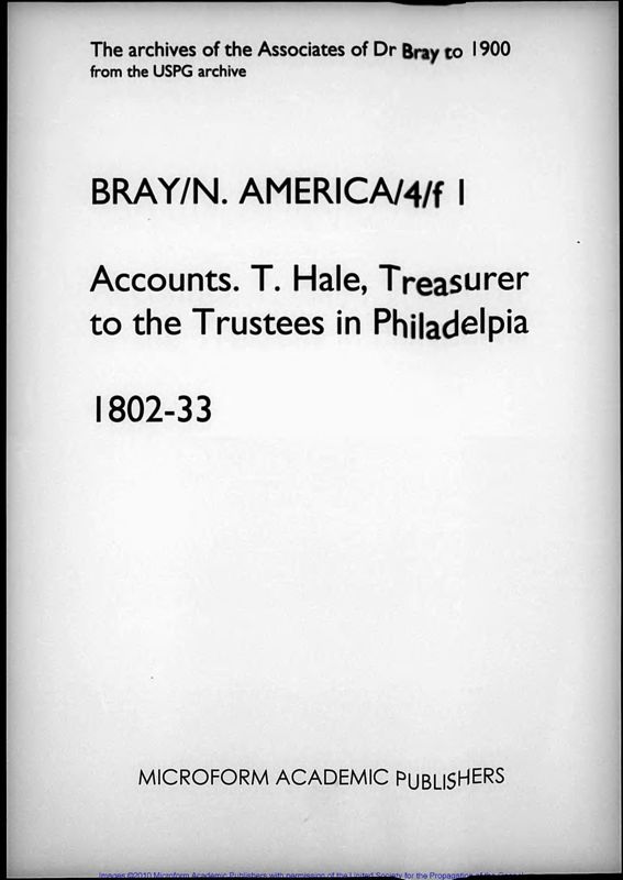 View document: Accounts. T. Hale, Treasurer to the Trustees in Philadelphia. 1802-1833..