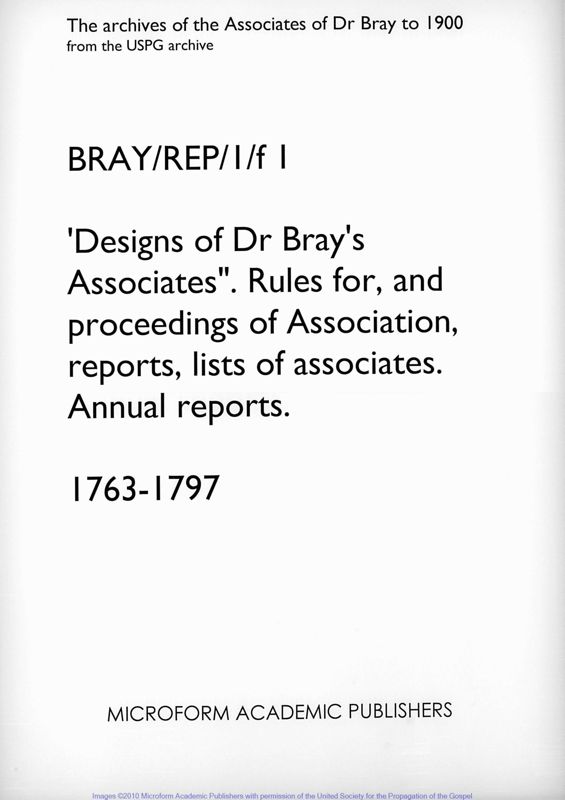 View document: Designs of Dr Bray's Associates Annual Reports. 1763-1797..