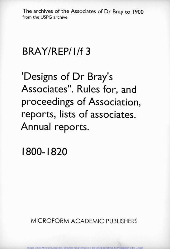 View document: Designs of Dr Bray's Associates Annual Reports. 1800-1820.