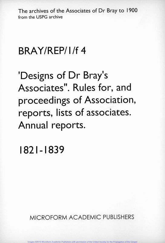 View document: Designs of Dr Bray's Associates Annual Reports. 1821-1839.