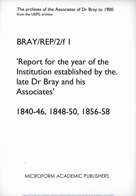 View document: Annual Report of the Institution established by the late Dr Bray and his Associates. 1840-1858..