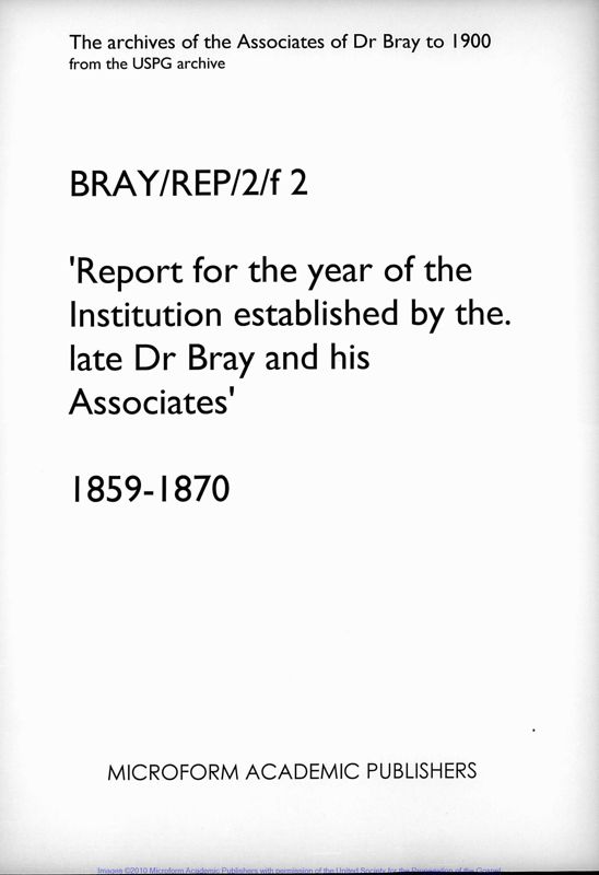 View document: Annual Report of the Institution established by the late Dr Bray and his Associates. 1859-1870..