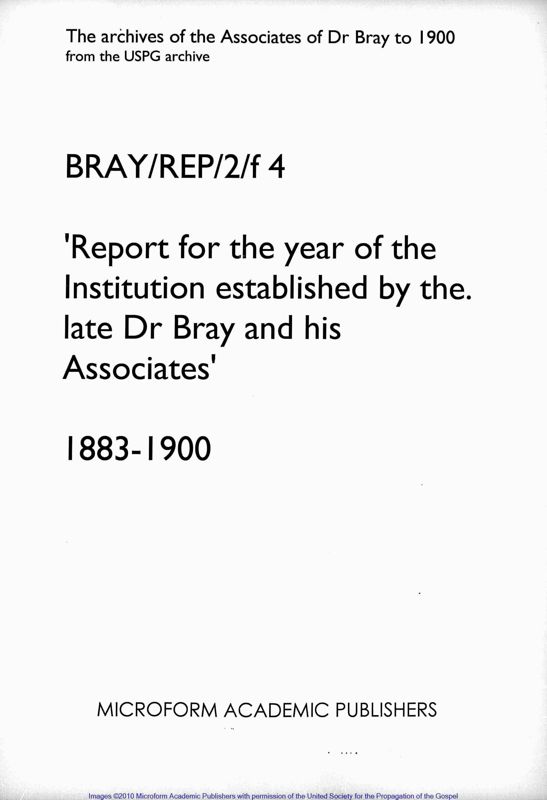 View document: Annual Report of the Institution established by the late Dr Bray and his Associates. 1883-1900..