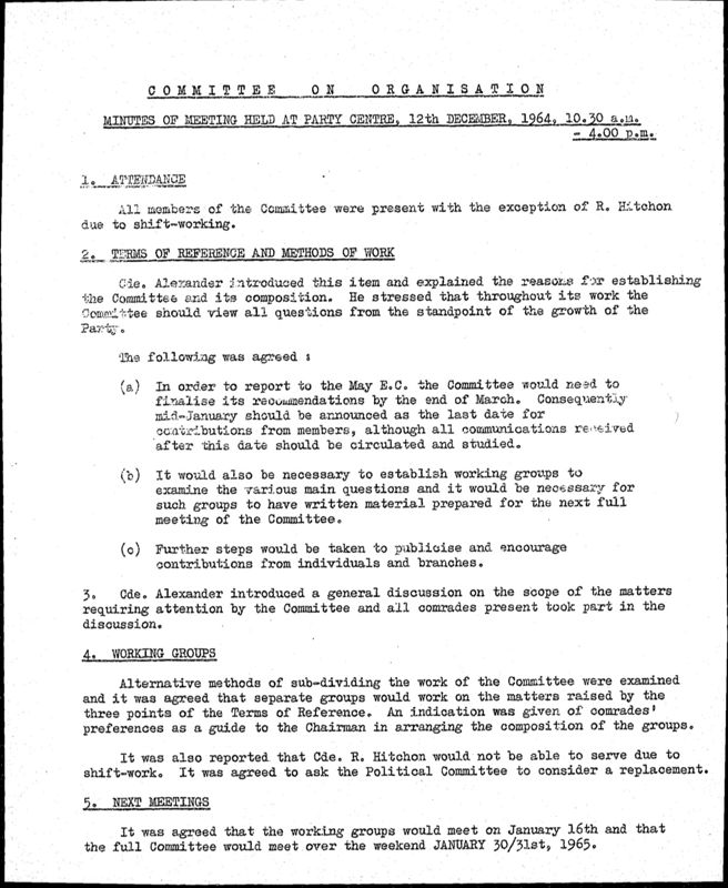 View document: Minutes and reports of the “Committee on Party Organisation”, 1964-1965.