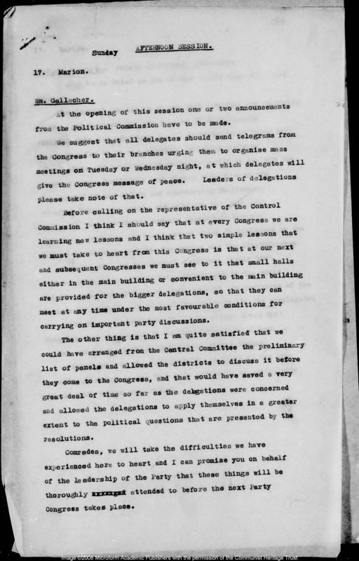 View document: Congress proceedings, Sunday PM 1938.