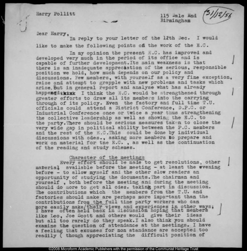 View document: Correspondence between Pollitt and Executive Committee members, 1951-1952.