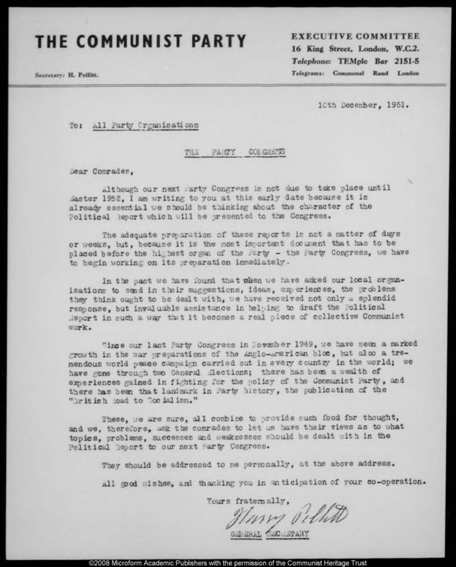 View document: Correspondence between Pollitt and individual party members on the Political Report, 1951-1952.