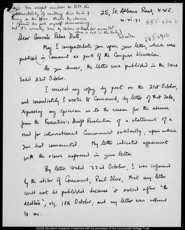 View document: Papers of Palme Dutt, 1971.