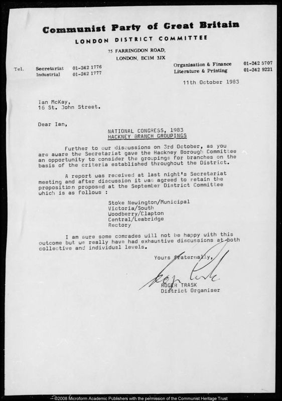 View document: Preparatory materials from the London District, 1983.