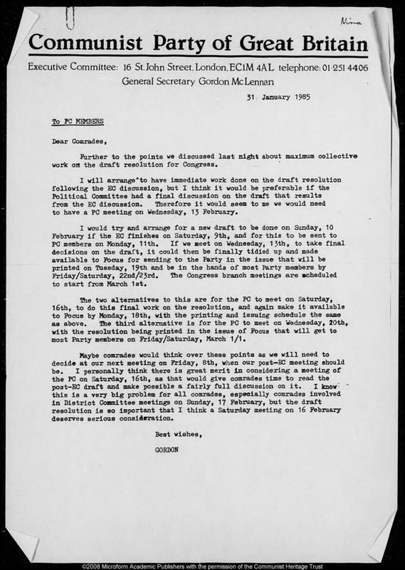 View document: Material of the Executive Committee, 1985.
