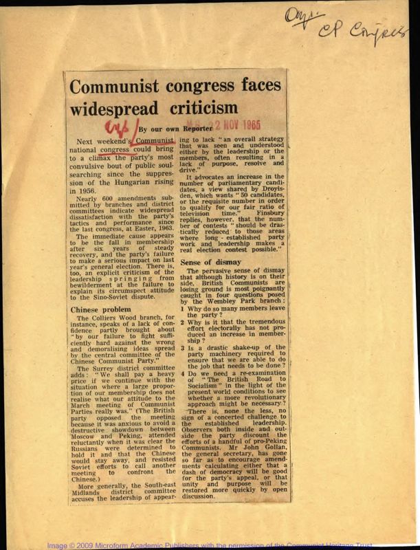 View document: The 29th Congress of the Communist Party of Great Britain (CPGB), 1965..