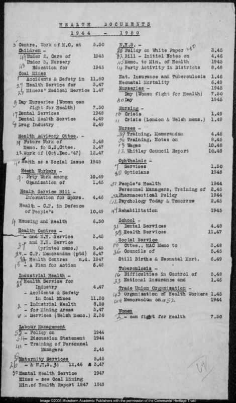 View document: Material relating to issues in health care (i), 1944-1950.