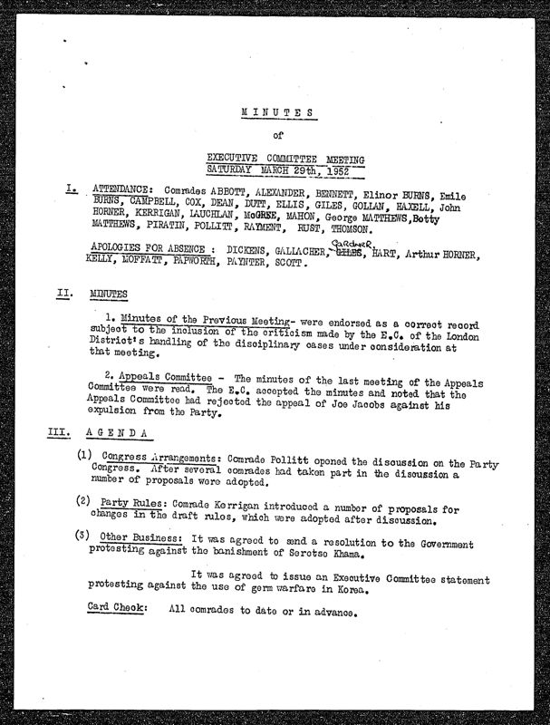 View document: Executive Committee meeting minutes, March, 1952.