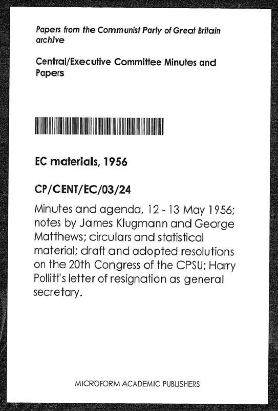 View document: Executive Committee meeting on Harry Pollitt’s resignation, May 1956.