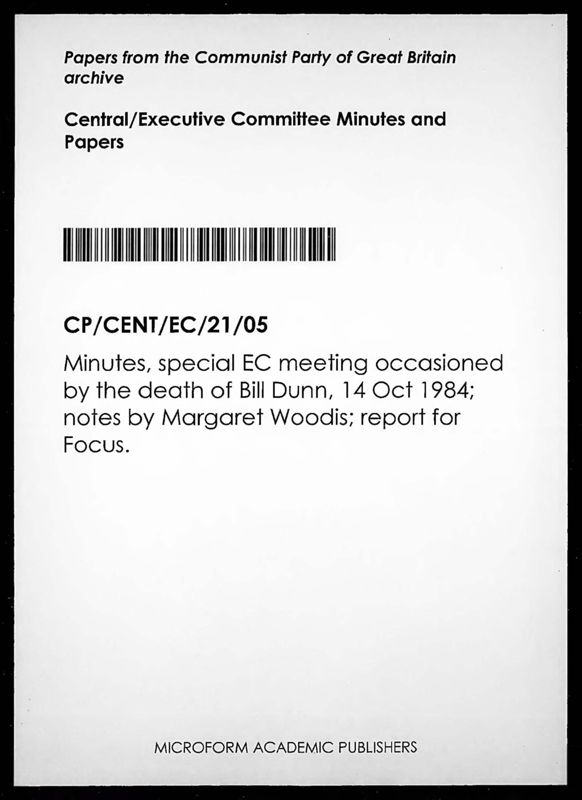 View document: Special Executive Committee meeting on the death of Bill Dunn, October 1984.