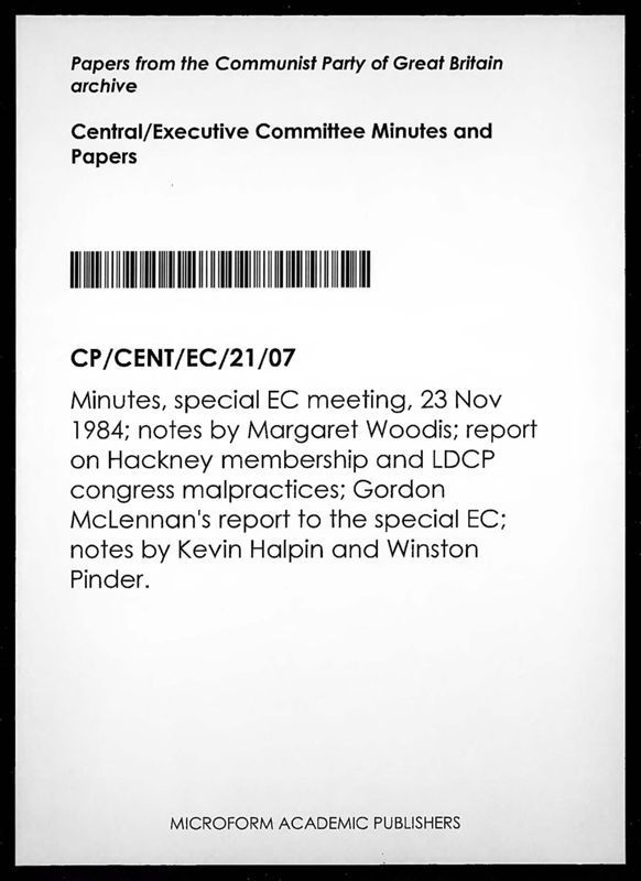 View document: Special Executive Committee meeting on the London District Congress, November 1984.