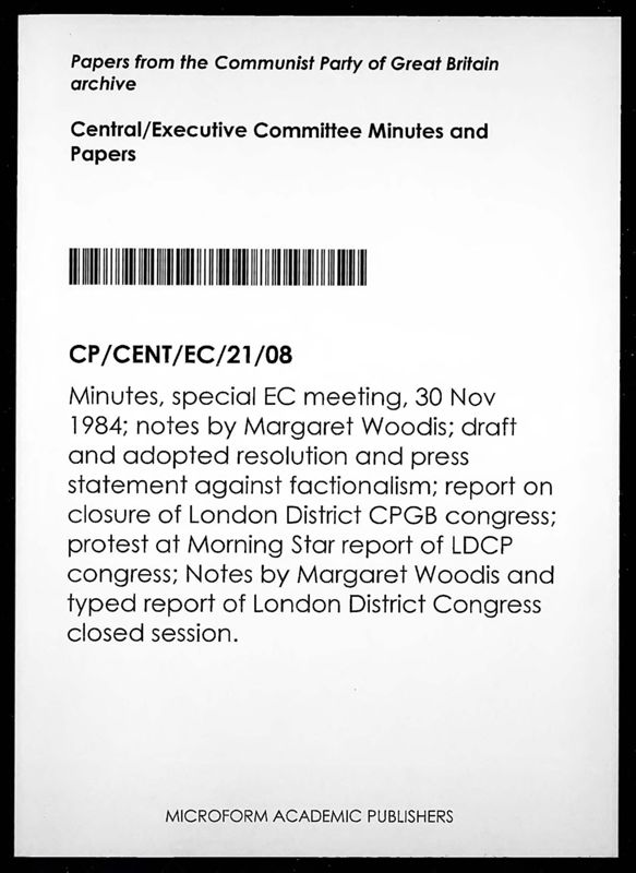View document: Special Executive Committee meeting on the London and North West District Congresses, November 1984.