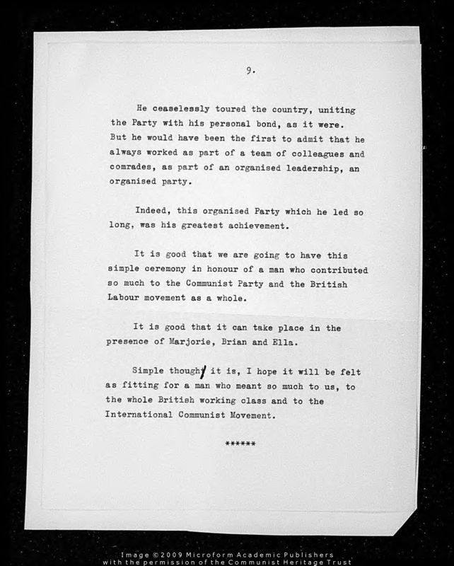 View document: Harry Pollitt’s funeral plans and letters of condolence, 1960.