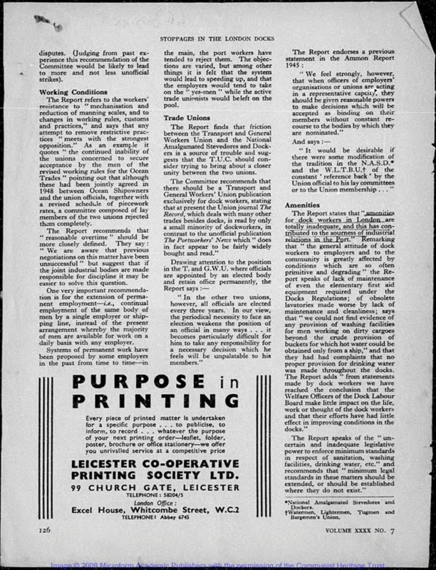 View document: Industrial disputes in the Port of London, 1950–1959.
