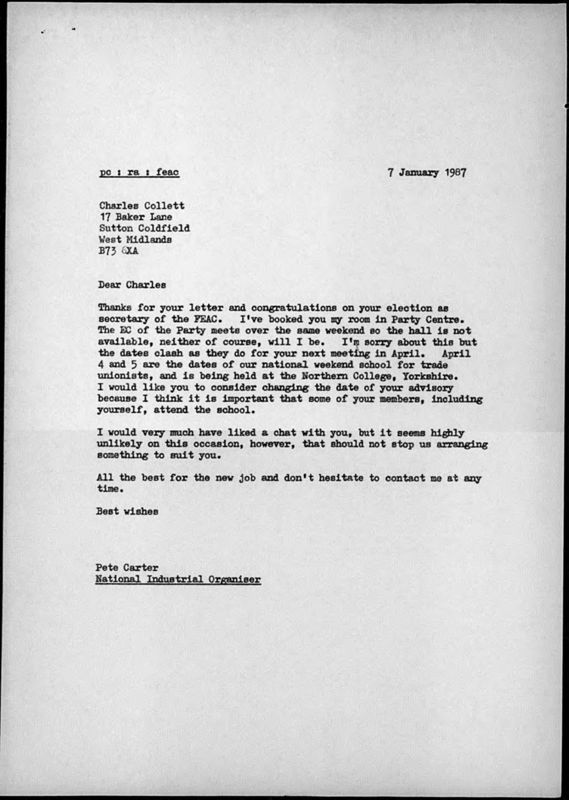 View document: Peter Carter’s papers from the Further Education Advisory Committee, 1987-1990.