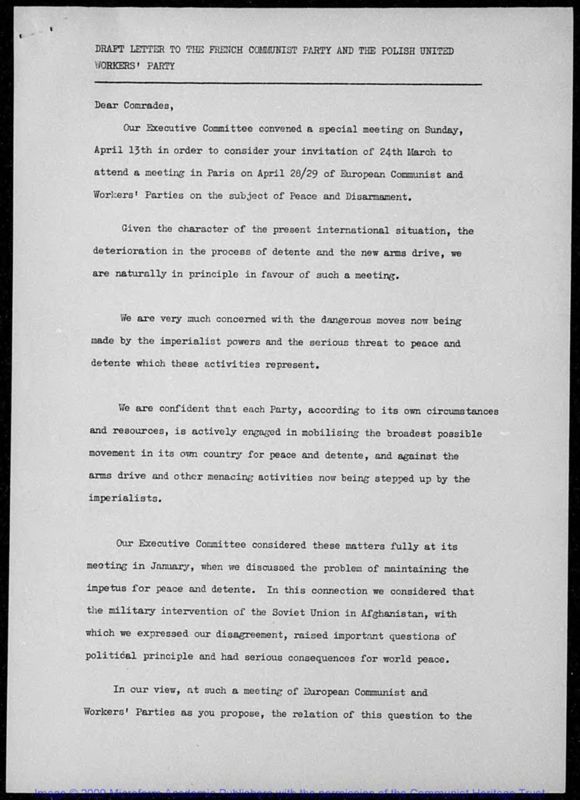 View document: Further materials on the 1980 Paris Conference of European Communist and Workers' Parties on Peace and Disarmament.