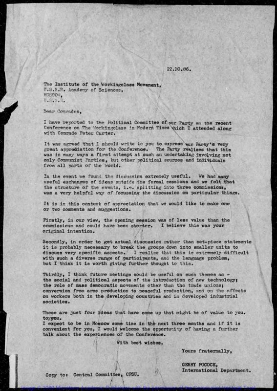View document: Materials relating to the conference on 'The Working Class and the Contemporary World', organised by the USSR Academy of Sciences' Institute of the International Working Class Movement, 1986.