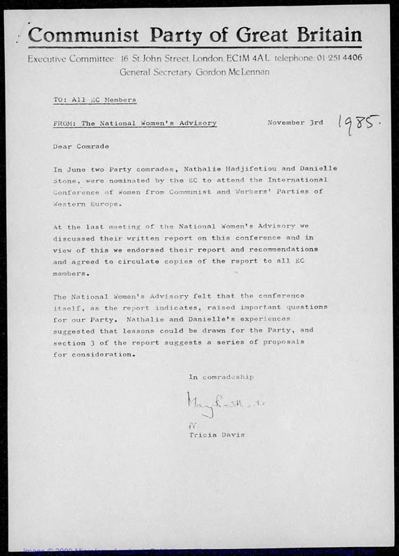 View document: Materials relating to the 1985 International Conference of Women from Communist and Workers' Parties of Western Europe.