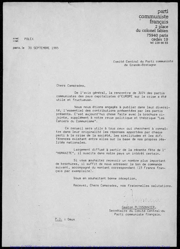 View document: Various Papers from the 1985 Conference of West European Communist Parties on the Crisis.