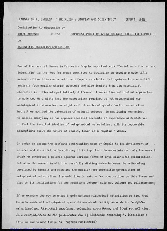 View document: Papers of CPGB delegate Irene Brennan from a seminar on 'Socialism: Utopian and Scientific' by Friedrich Engels, 1980.