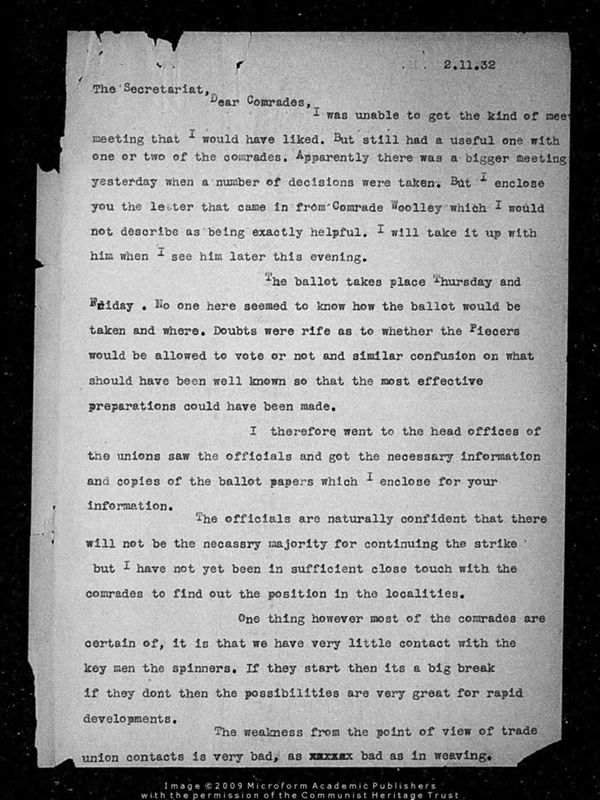 View document: Papers from Lancashire industrial action, 1932.
