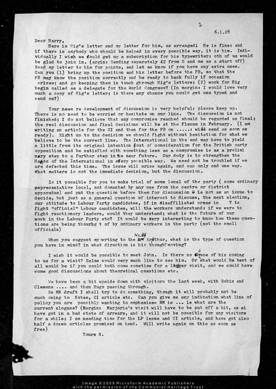 View document: Correspondence from Palme Dutt regarding the Third Period and ‘Class Against Class’ (i), 1928.