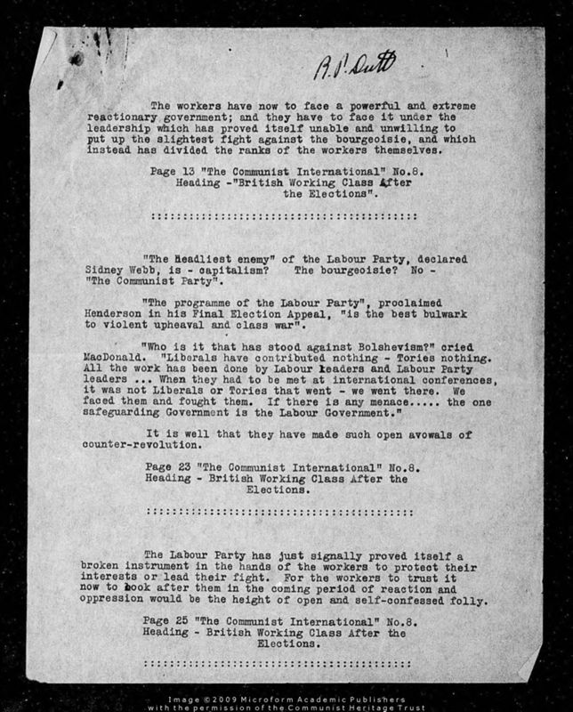 View document: Correspondence from Palme Dutt regarding the Third Period and ‘Class Against Class’ (ii), 1929-1930.