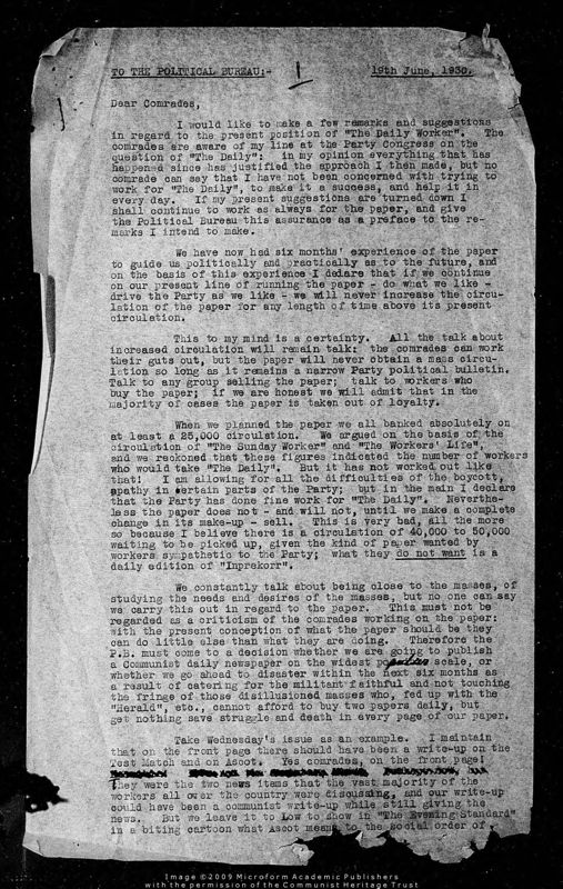 View document: Correspondence from Palme Dutt regarding the Third Period and ‘Class Against Class’ (iii), 1930.
