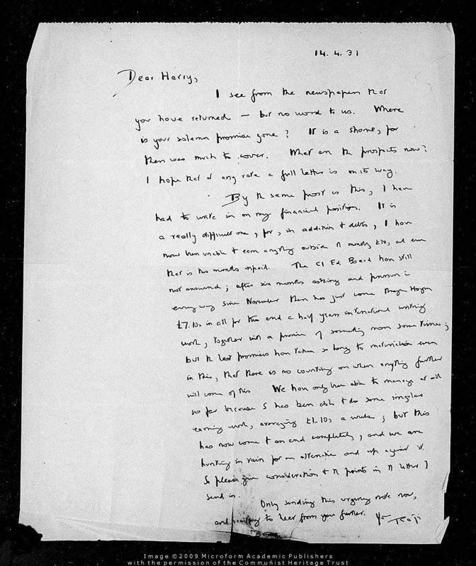 View document: Correspondence with Palme Dutt regarding the Charter Campaign and Third Period, 1931.