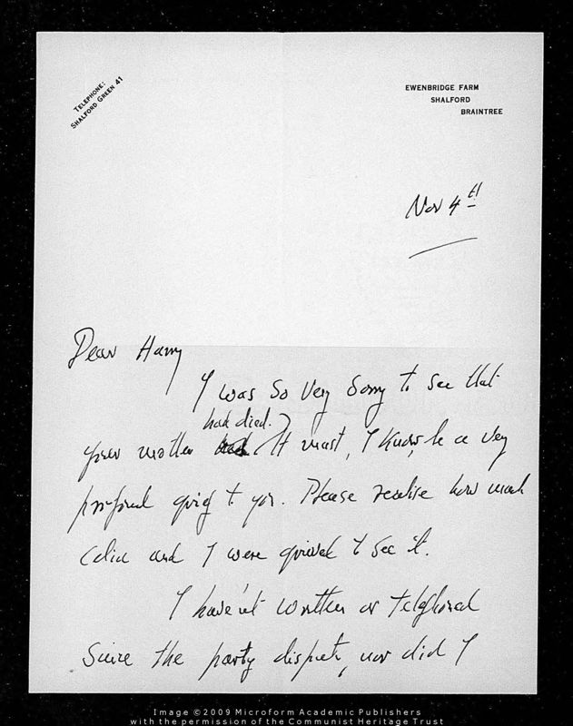 View document: Correspondence regarding the death of Pollitt’s mother, 1939.
